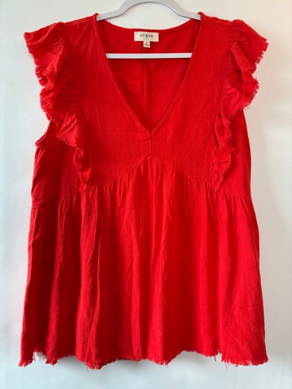 Umgee Linen Bright Red/Orange V-Neck Ruffle Sleeve Raw Hem Blouse Top - Medium